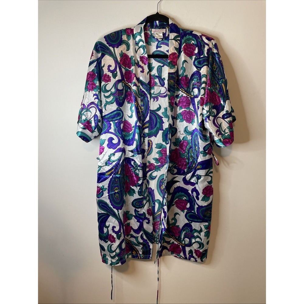 Frederick's of Hollywood Small Floral Paisley Satin Robe Kimono Colorful NO BELT